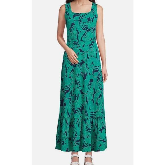 Lands' End Wmns Large 14-16 Cotton Stretch Tropical Print Maxi Dress Green Navy - Picture 1 of 12
